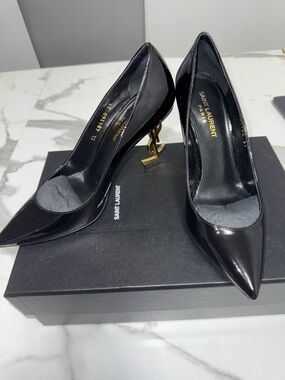 Saint Laurent Opyum 8.5cm Heel Pumps Black Leather Gold YSL Heel Size 7